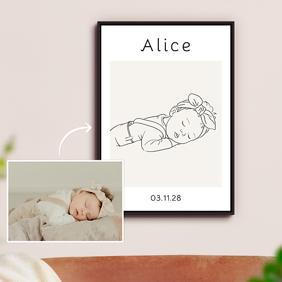Affiche Naissance Portrait line art détaillé