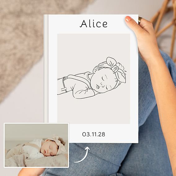Album photo naissance Portrait line art détaillé