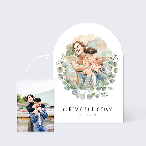 Faire-part Mariage Portrait en aquarelle avec couronne eucalyptus