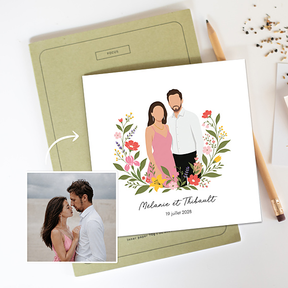 Faire-part Mariage Portrait minimaliste avec couronne champêtre