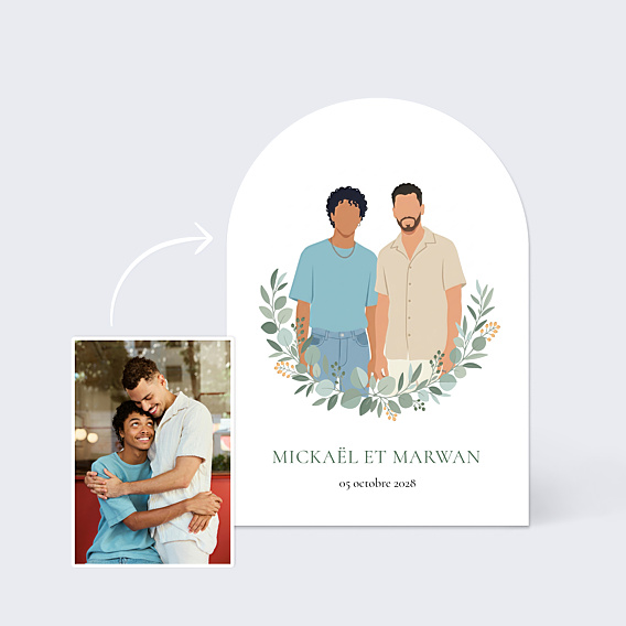 Faire-part Mariage Portrait minimaliste avec couronne eucalyptus