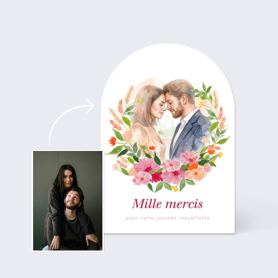 Carte remerciement mariage Portrait en aquarelle avec couronne champêtre