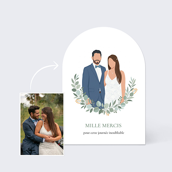 Carte remerciement mariage Portrait minimaliste avec couronne eucalyptus