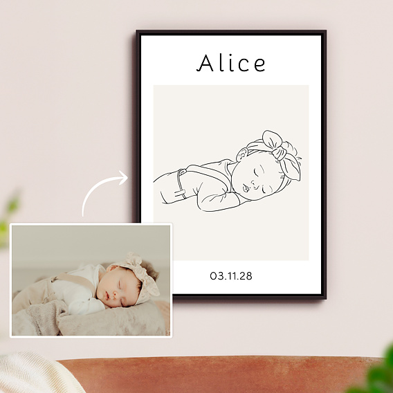 Affiche Naissance Portrait line art détaillé