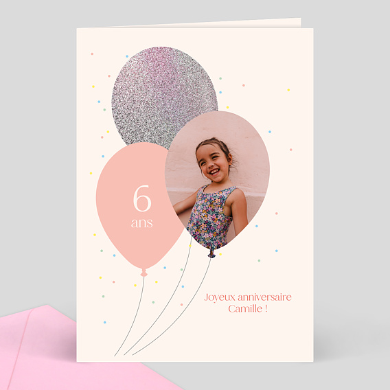 Carte anniversaire enfant Ballon Glitter Fille