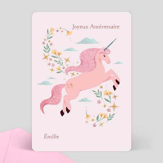 Carte anniversaire enfant Licorne Rose Fleurie