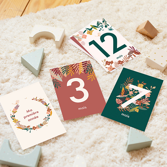 Lot de 16 cartes étape bébé 'Florilèges Design - A petits pas' Rose Saumon  - La Fourmi creative