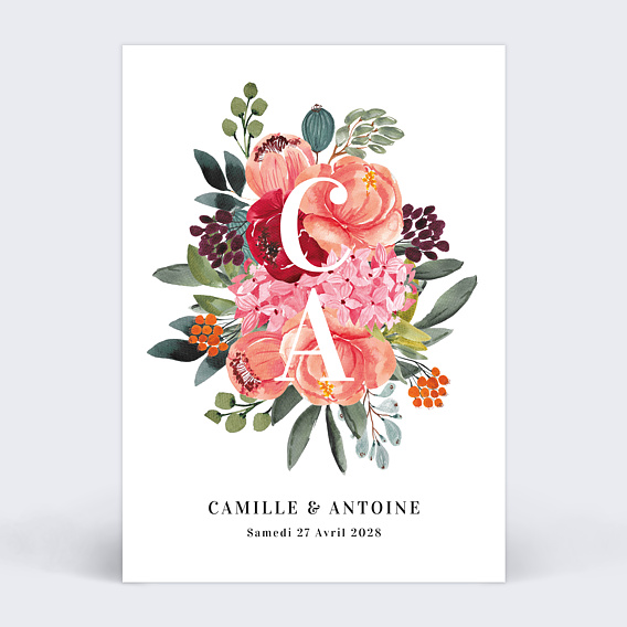 Faire part mariage Initiales et profusion de fleurs