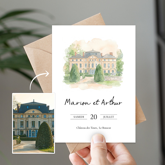 Faire-part Mariage Lieu de cérémonie en aquarelle