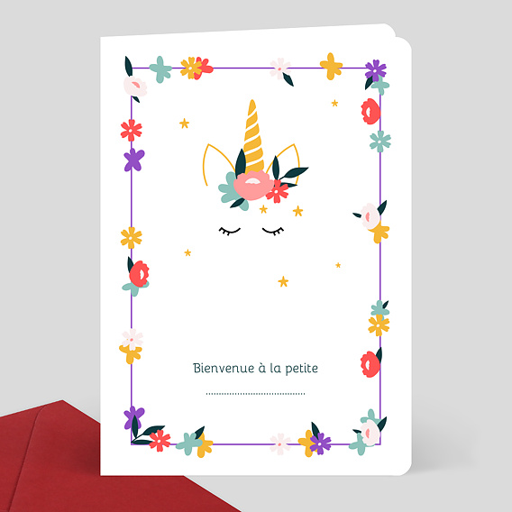 Carte de félicitations naissance Licorne et fleurs - Popcarte