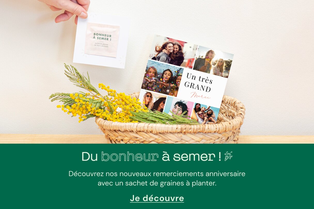 Cartes remerciements anniversaire avec sachet de graines à planter