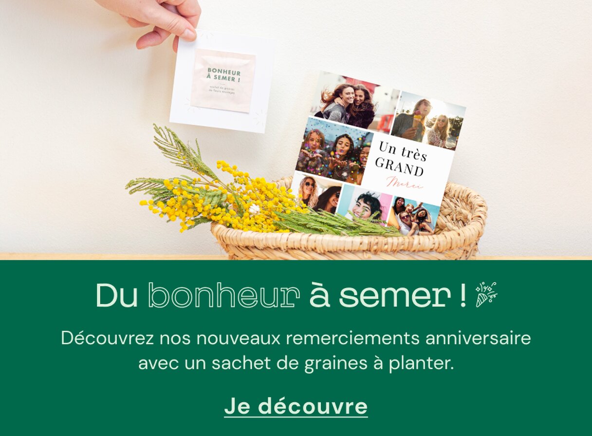 Cartes remerciements anniversaire avec sachet de graines à planter