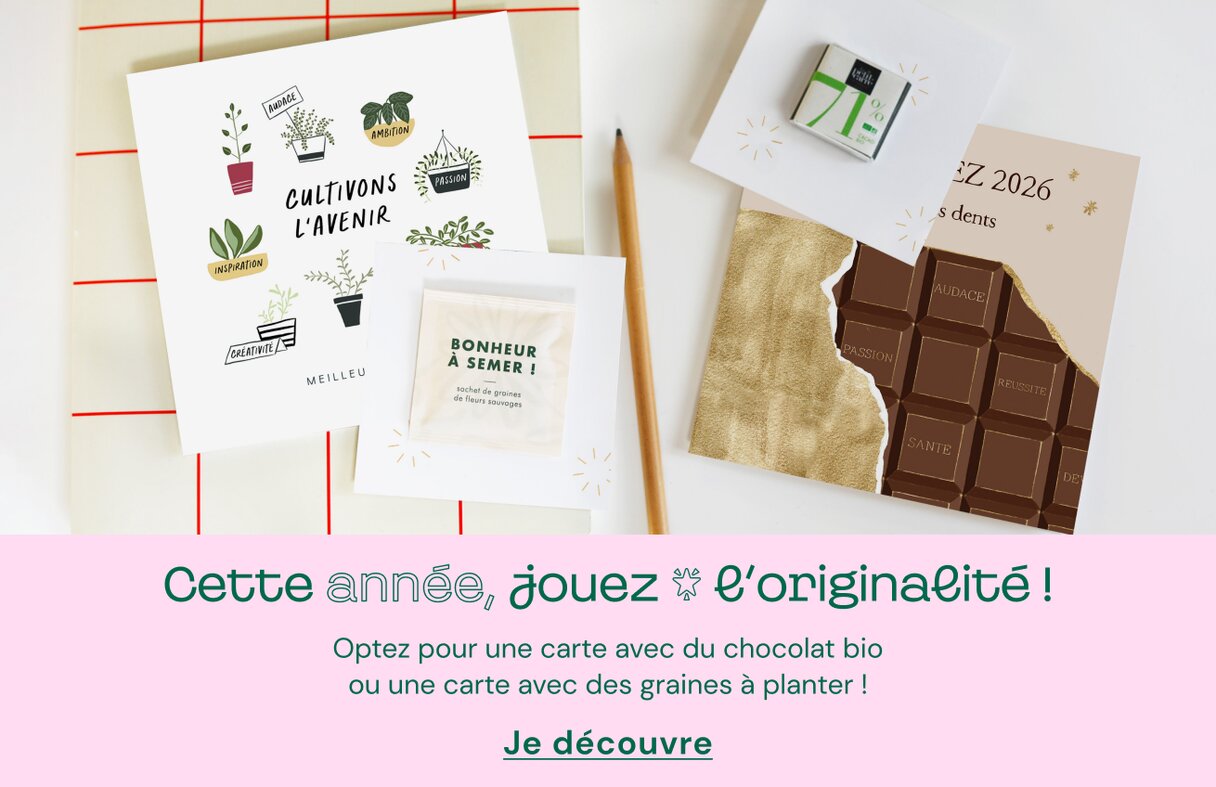 Carte de vœux accompagnée de chocolat bio ou des graines à planter