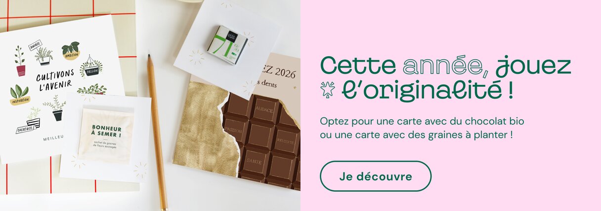 Carte de vœux accompagnée de chocolat bio ou des graines à planter