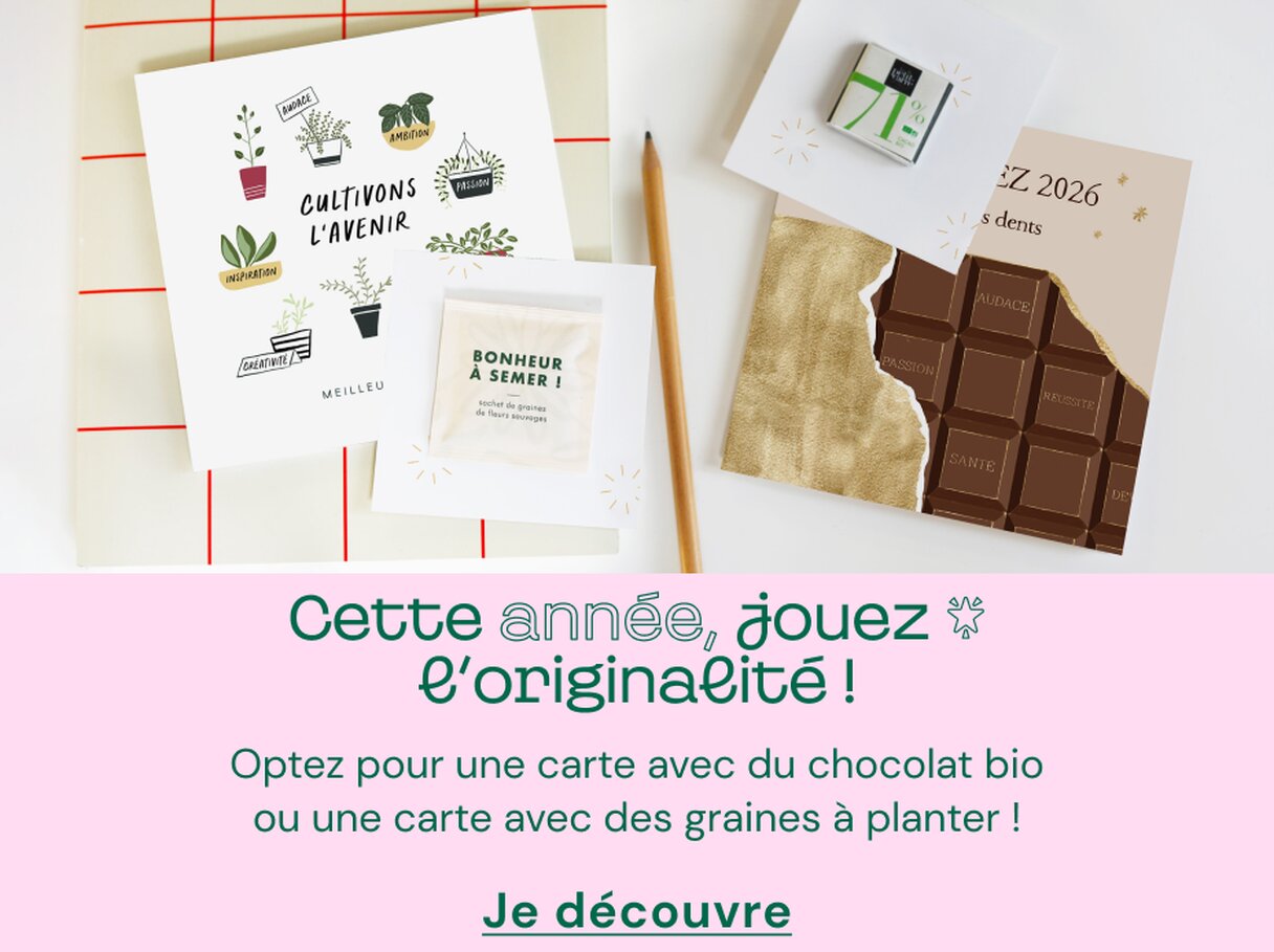 Carte de vœux accompagnée de chocolat bio ou des graines à planter