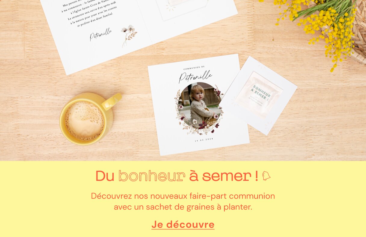 Faire-part communion avec sachet de graines à semer