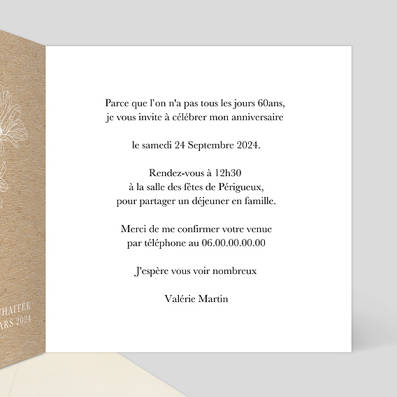 Invitation Anniversaire Gravure Fleurs Kraft