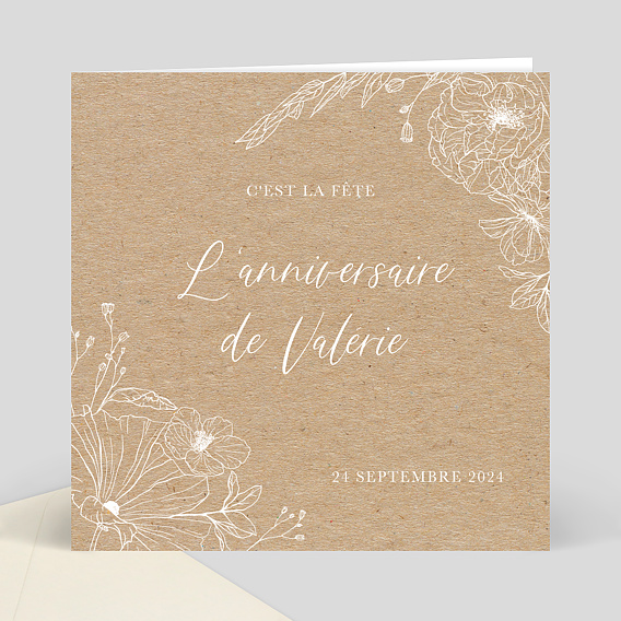 Invitation anniversaire Gravure Fleurs Kraft