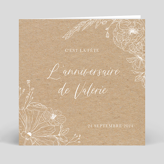 Invitation anniversaire Gravure Fleurs Kraft