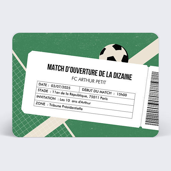 Invitation anniversaire enfant Billet de Foot