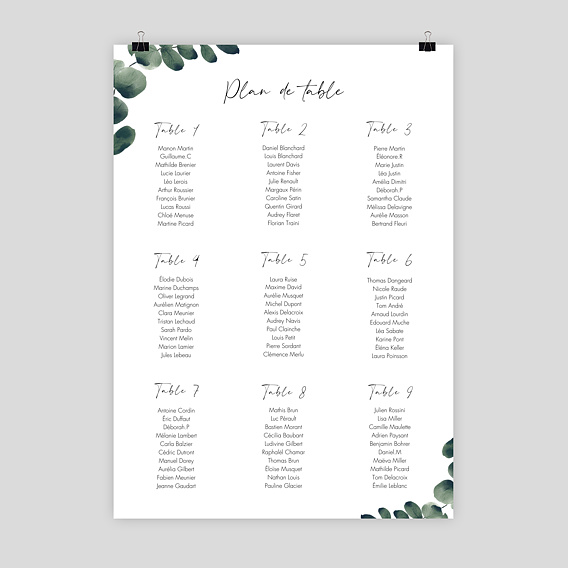 Plan de Table Mariage Branche d'Eucalyptus