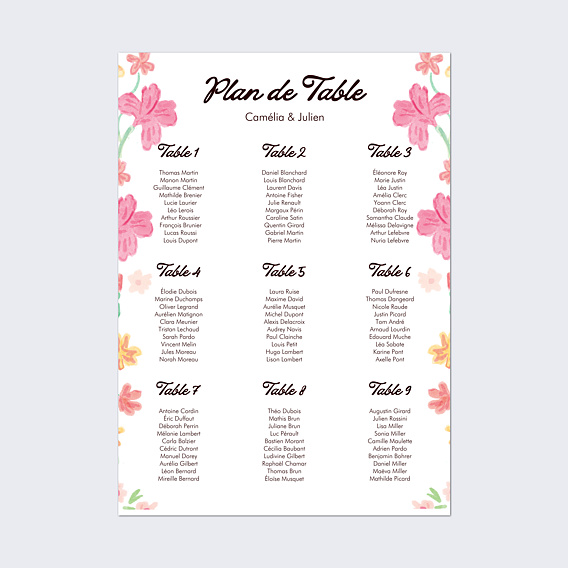 Plan de table mariage Jardin botanique