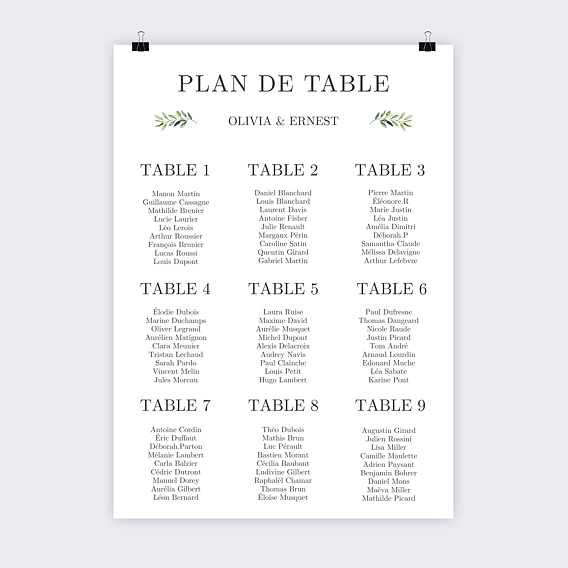 Plan de table mariage Végétal Classique