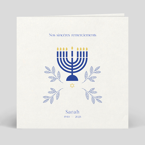 Carte remerciement décès Juif Menorah