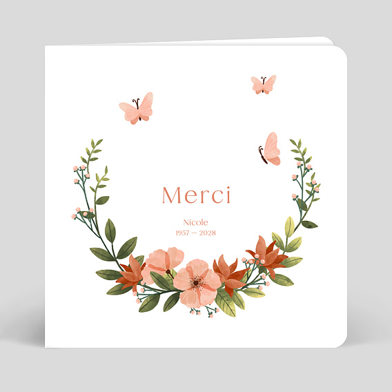 Carte remerciement décès Papillon Rose