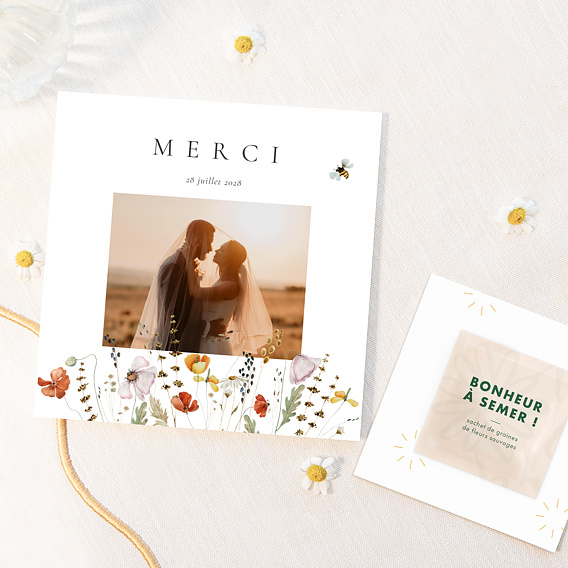 Carte remerciement mariage Fleurs des champs avec graines
