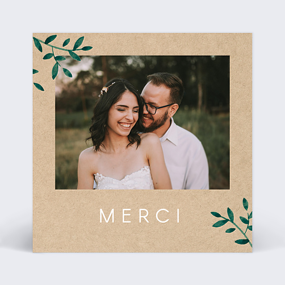 Carte remerciement mariage Feuilles kraft