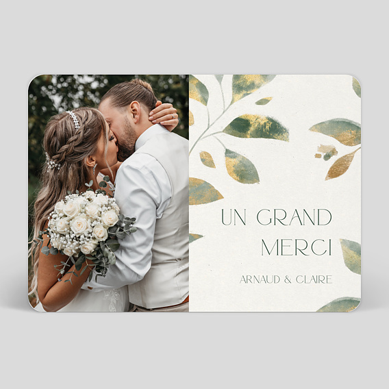 Carte remerciement mariage Feuilles de Jade avec Photo