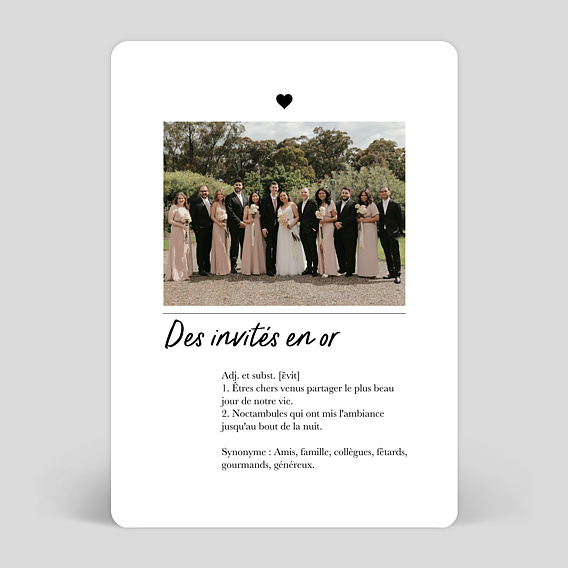 Carte remerciement mariage Invités en Or