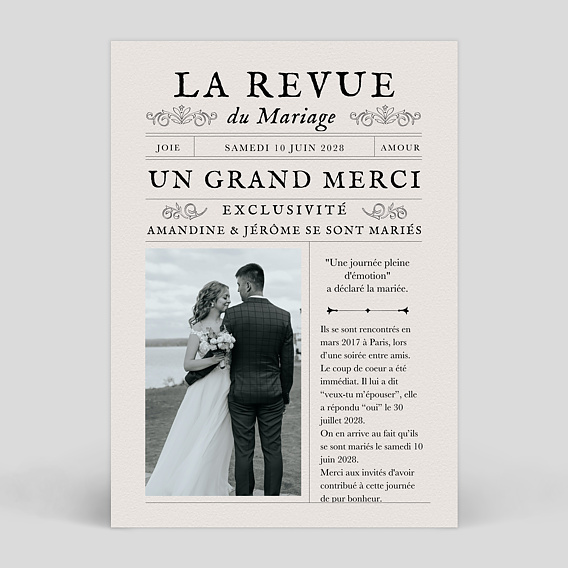 Carte remerciement mariage Journal