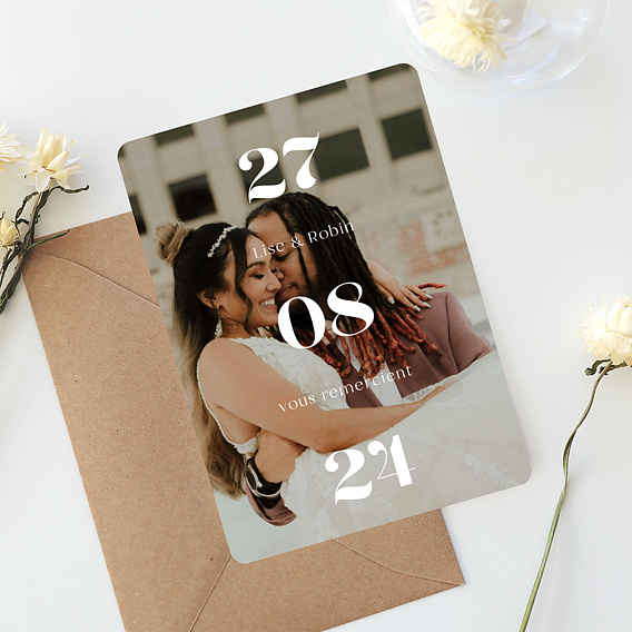 Carte remerciement mariage Date Verticale Avant 1