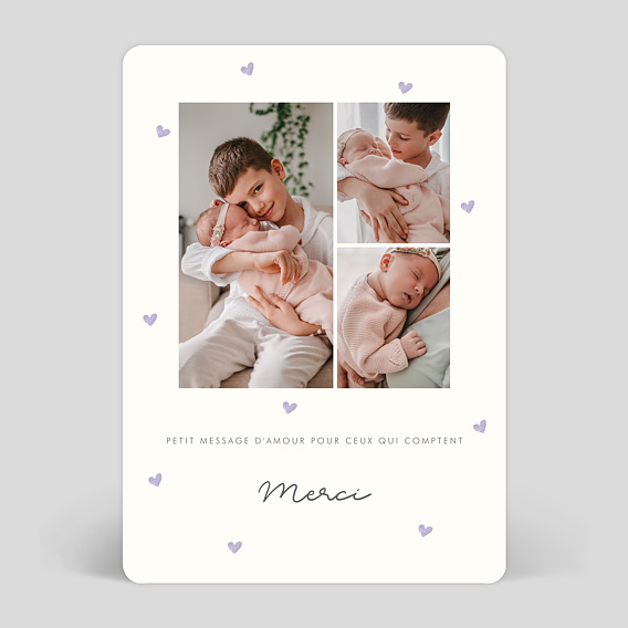 Carte remerciement naissance Motif Coeur Lilas